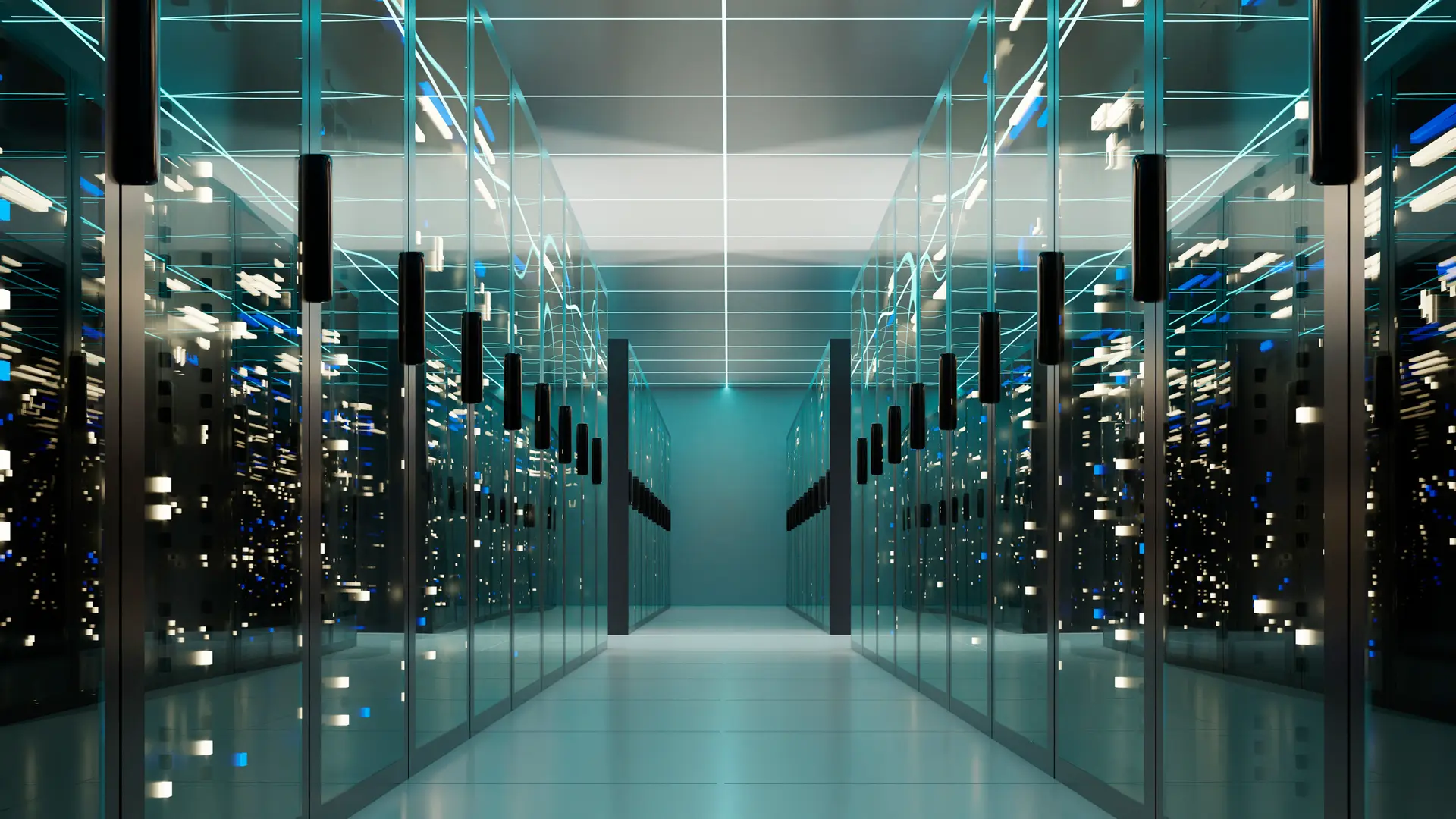 Un data center moderno con pareti in vetro che mostrano rack di server disposti ordinatamente. Le luci LED blu e bianche brillano tra i server, creando un'atmosfera futuristica. Il pavimento e i muri sono chiari e ben definiti.